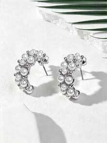1 Pair European And American Exquisite Fashion Half-Circle Stud Earrings With Small Beads, Suitable For Women's Daily Wear Or Party - Half Hoop Earrings - View 2