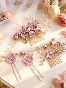 4pcs Set Simulated Ditsy Floral Metal Hair Forks Side Combs Suitable For Daily Wear - Coral Pink - View 17