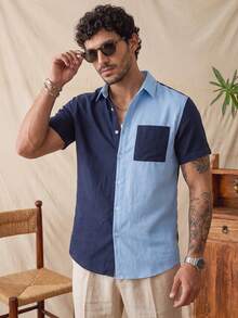 glestore This Men's Fashionable, Casual Summer Short-Sleeve Shirt With A Color-Block Design Showcases The Cutting-Edge Style Of The Vacation Fashion . - Multicolor - View 1