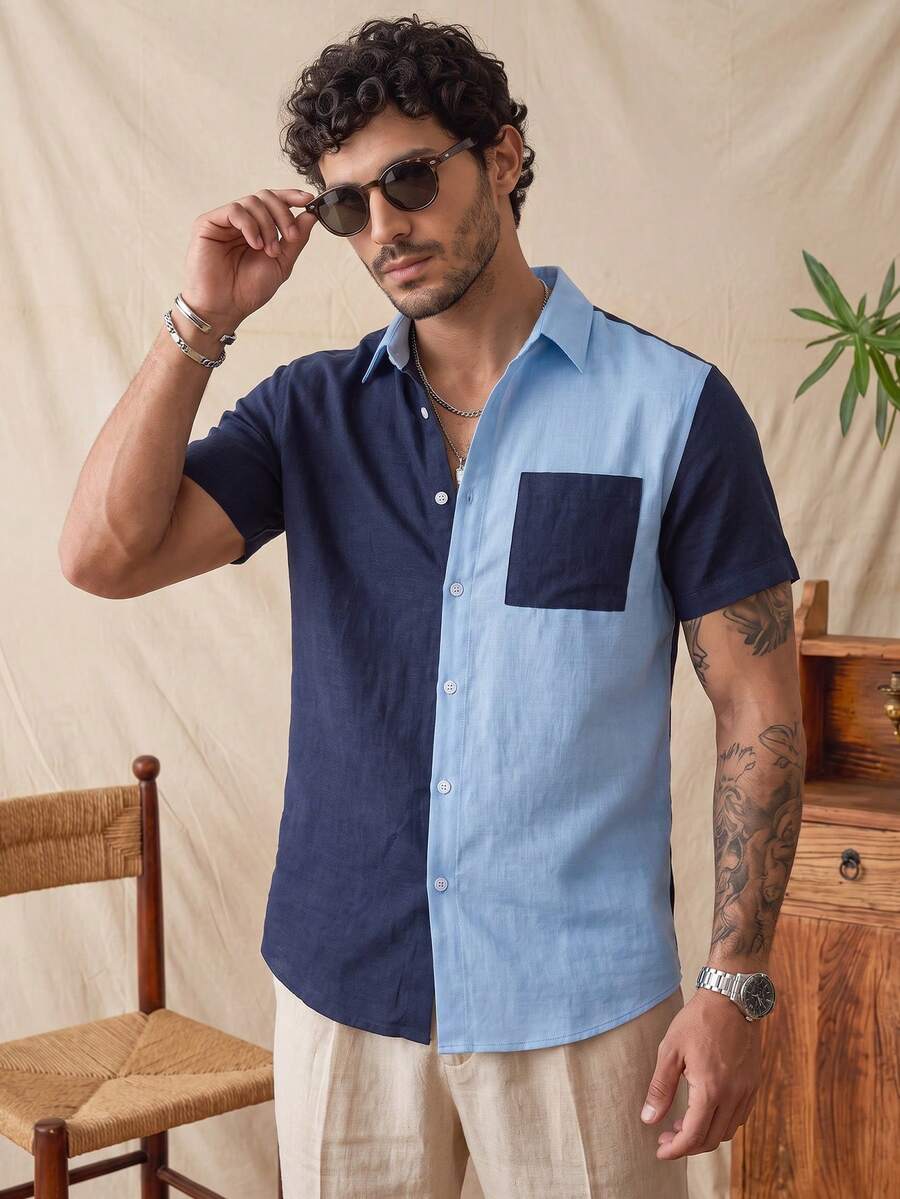 glestore This Men's Fashionable, Casual Summer Short-Sleeve Shirt With A Color-Block Design Showcases The Cutting-Edge Style Of The Vacation Fashion . - Multicolor - View 1