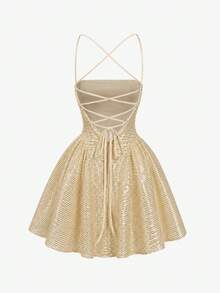 Women's Gold Sequin Backless Lace-Up Cami Mini Dress, Sparkly A-Line Cocktail Party Dress For Prom, Date Night, Vacation & Evening Events Elegant - Apricot - View 8
