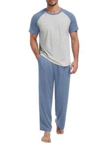 Men's Lightweight Pajama Set With Short Sleeve Top And Pants - Navy Blue-light Gray - View 3