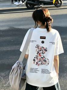 夏季新款 Z 世代 Y2K 風格女款趣味設計熊圖案圓領短袖休閒 T 恤 - 白色 - 查看 2