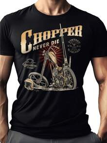 Motorcycle Biker T-Shirt With "Chopper Never Die" Print, Casual Crew-Neck Clothing For Motorcycle Enthusiasts, Machine Washable, With Patch - Black - View 1
