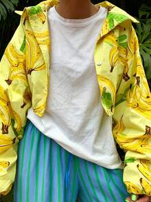 CAREE Women's Spring/Summer Yellow Banana Print Stand Collar Puff Long Sleeve Side Drawstring Cropped Loose Shirt Jacket Set - Multicolor - View 2