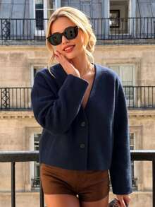 Autumn/Winter Ladies V-Neck Cardigan Outwear, English Style - Navy Blue - View 2