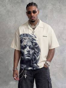 MAISONFOX Men's Lightweight Casual Letter & Portrait Print Colorful Street Style Loose Breathable Short Sleeve Shirt, Suitable For Boyfriend Gift And Outdoor Wear In Summer - Beige - View 2