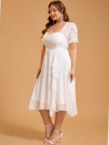 Plus Size Women Solid Color Mature Party Elegant Romantic Chiffon Lace Collar Bridal Gift Party Dress Wedding White Fall - White - View 3