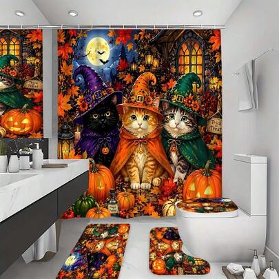 Bộ rèm tắm Halloween họa tiết bí ngô, ma và yêu tinh 1/3/4 bộ, bằng polyester, phong cách vintage tối màu kiểu Mỹ, kèm thảm chống trượt phòng tắm, bộ rèm tắm và phụ kiện phòng tắm, trang trí nhà cửa, trang trí phòng tắm