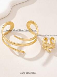 1 Set (1 pieza Brazalete de línea geométrica dorada y 1 pieza Anillo grueso de línea geométrica) - Dorado - Ver 6
