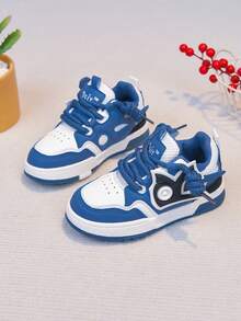 1 Pair Back-To-School Essential Casual Two-Tone Patchwork Hip-Hop Thick Sole Sports Sneakers Streetwear Lace-Up Skate Shoes Non-Slip - Blue - View 4