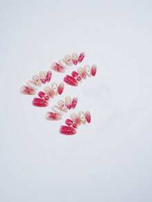 10pcs Ocean Style Press-On Nails, Almond Shaped Fake Nails, 3D Starfish Shell Flower Design, Pearl Gold Decoration, Glossy Full Coverage Artificial Nails, Suitable For Women Girls Summer Vacation Beach Daily Wear - Hot Pink - View 4