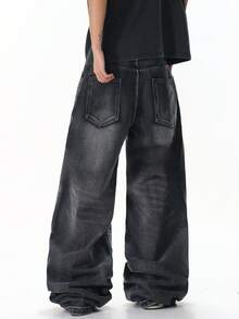 Justice Brother 1pc American Street Style Personalized Men's Distressed Denim Jeans Fashion All Season Wide Leg Long Pants (Belt Not Included/Accessories Not Included) - Grey - View 6