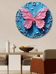 2D flache Wanduhr, rosa Schmetterlingsmuster-Themendesign, eine leise Holzwanduhr, geeignet für Wohnzimmer, Schlafzimmer, Bürodekoration, moderner Stil Wanduhr, Batterie nicht enthalten, 2D flach - Verschiedenfarbig - Übersicht 2