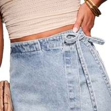 2026 American Retro Side Tie Irregular Raw Edge Denim Skort - Blue - View 5