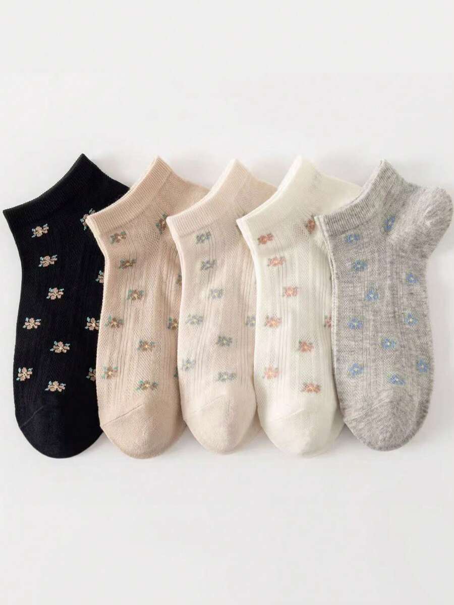 5 pares de calcetines cortos de barco de corte bajo con estampado floral vintage para mujeres, transpirables de malla fina hueca para primavera/verano, versátiles para niñas - Multicolor - Ver 1