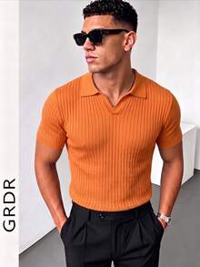 GRDR 男士夏季纯色 Polo 领短袖针织衫，适合夏季外出穿着，时尚造型必备单品 - 橘色 - 查看 3