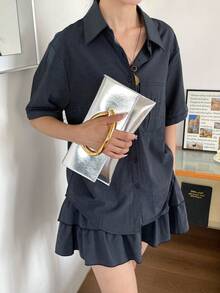 Dedoo 黑色亮面人造皮革長方形手拿包，大號橢圓金屬扣極簡奢華女款包，適合婚禮派對約會宴會日常 - 銀色 - 查看 6