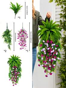 人造吊掛蕨類與花卉植物套組 - DIY 50cm/76cm 仿真綠植，適用於居家花園與庭院裝飾 (4件組) - 紅蓮+紫+波斯組合 - 查看 8