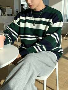 Men's Vintage Contrast Color Striped Crew Neck Pullover Knit Sweater, Loose Fit Long Sleeve Sweater, Autumn/Winter Casual Top - Green - View 4