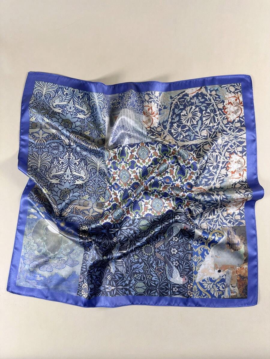 1件女款復古花園花卉印花正方形絲巾,優雅頸巾、頭巾,緞面髮飾 - 藏蓝色 - 查看 1