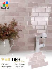 1/10/20pcs Waterproof Brick Texture Wall Panels, DIY Tile, Removable Self-Adhesive Wall Tile Stickers, Suitable For Kitchen Bathroom Backsplash And Holiday Decor - Pink Irregular Faux Ceramic Wall Sticker - View 8