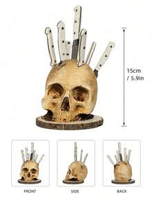 Resin Skull Knife Holder, Gothic Kitchen Countertop Knife Storage Rack, Halloween Horror Tableware Organizer, Farmhouse Style Home Restaurant Dining Table Indoor Kitchen Decor Party Scene Ornament - Multicolor - View 3