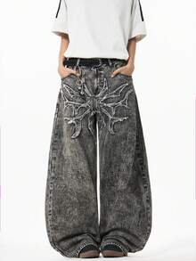 1 pieza Jeans holgados de pierna ancha con bordado de "Hermano de la Justicia" para hombre - Negro - Ver 1