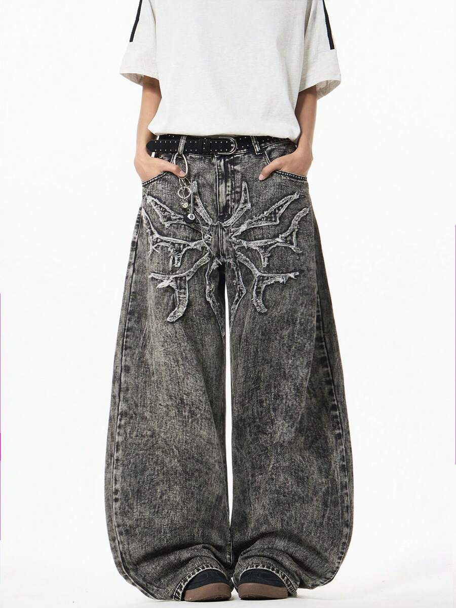 1 pieza Jeans holgados de pierna ancha con bordado de "Hermano de la Justicia" para hombre - Negro - Ver 1