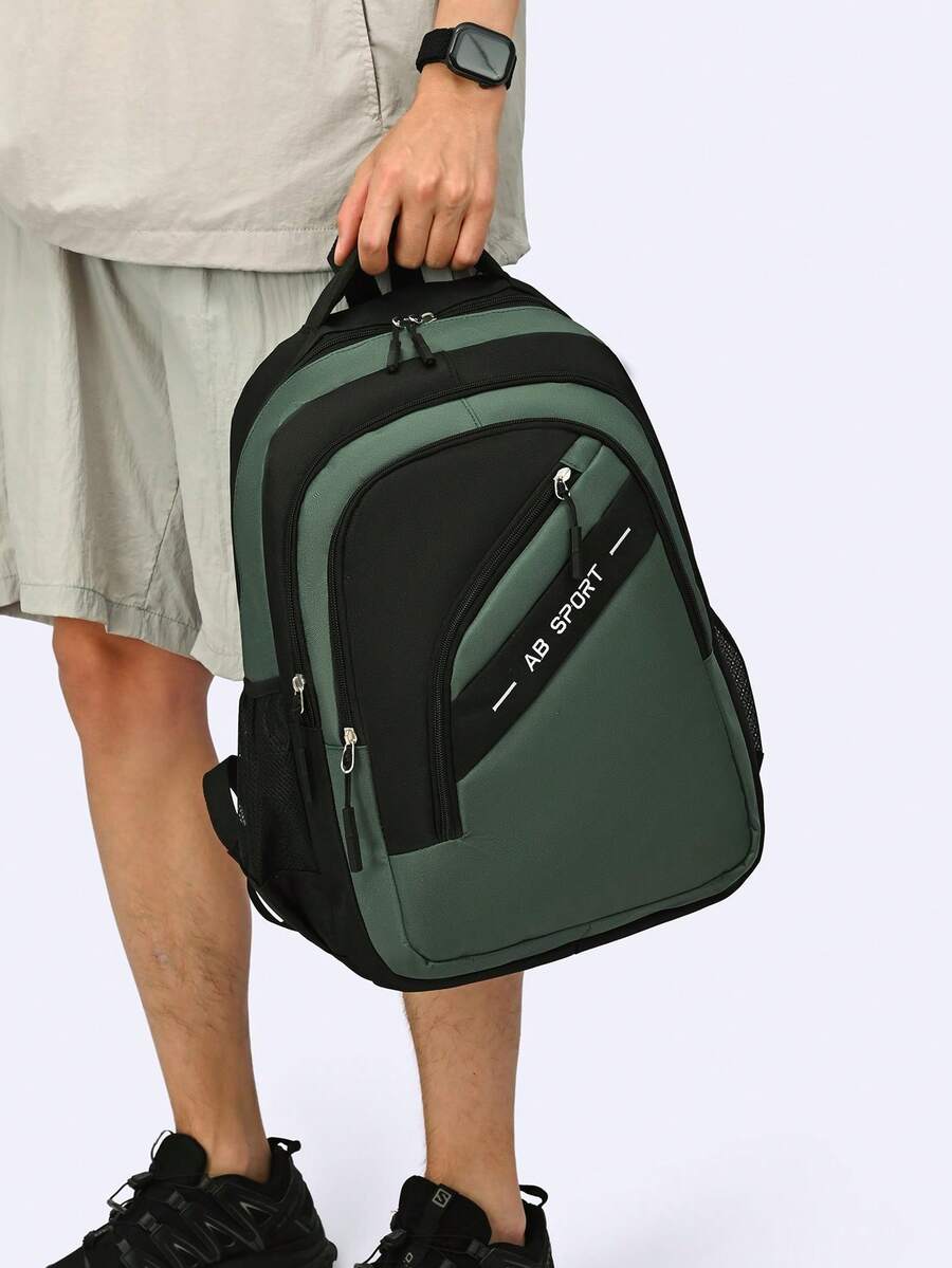 Unisex Backpack, Navy Blue And Black Color Block AB SPORT Letter Daily Bag, Multiple Diagonal Zipper Compartments, Suitable For School, Sports, Daily Commute - Multicolor - View 1