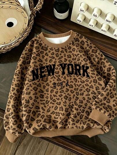 Plus Size Women's Letter Print Leopard Pattern Sweatshirt, Y2K Style, Loose Round Neck Long Sleeve Comfortable Autumn Back To School Outfit, Suitable For Daily Wear, Party, School, Music Festival, Vacation And Commuting. Can Be Given As A Gift To Family, Boyfriend, Girlfriend, Friends, Ideal Autumn/Winter Clothing For Girls