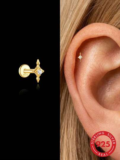 1 pieza Pendientes de botón de estrella minimalista pequeña de plata de ley 925 con respaldo plano, hipoalergénicos, cómodos para dormir y usar, joyería de oreja, regalo para niñas