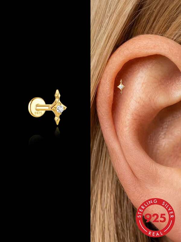 1 pieza Pendientes de botón de estrella minimalista pequeña de plata de ley 925 con respaldo plano, hipoalergénicos, cómodos para dormir y usar, joyería de oreja, regalo para niñas