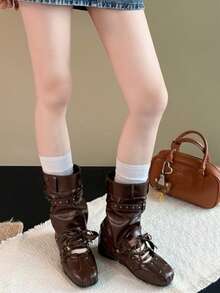 Rivet Buckle Lace-Up Ruched Split Toe Mid-Calf Boots Plus Size Women Street Vintage Hot Girl Slouch Boots - Brown - View 2