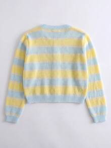 Women's Dopamine Striped Short Knit Cardigan, Soft Fuzzy Blue‑Yellow Sweater Jacket, Sweet Style For Fall Winter Daily & School Outings - Baby Blue - View 9