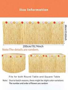 1 pièce Jupe de table en herbe hawaïenne jaune paille, jupe de table en herbe hawaïenne naturelle avec décoration de fête tropicale de fleurs d'hibiscus, jupe de table hawaïenne pour décoration de fête de jupe d'herbe tropicale, fête des mères, remise des diplômes - A - Voir 6