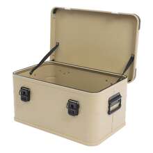 Conteneur de rangement en aluminium de 50 L avec clés et poignée latérale, conteneur rigide pour organiser le matériel de cuisine de camping, boîte de rangement portable pour les voyages en extérieur avec couvercle et sangles de suspension - Kaki - Voir 8
