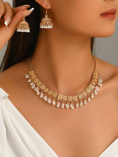 3pcs Bohemian Fashion Elegant Decorative Necklace & Earrings Set, Floral Carved Design, Women's Jewelry With Tassel And Faux Pearl Accents, Suitable For Vacation, Travel, Holiday And Party Wear