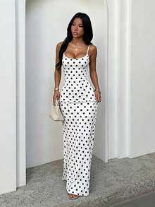 Women's Summer White Spaghetti Strap Polka Dot Print Fitted Dress, Casual Vacation Style - White - View 1