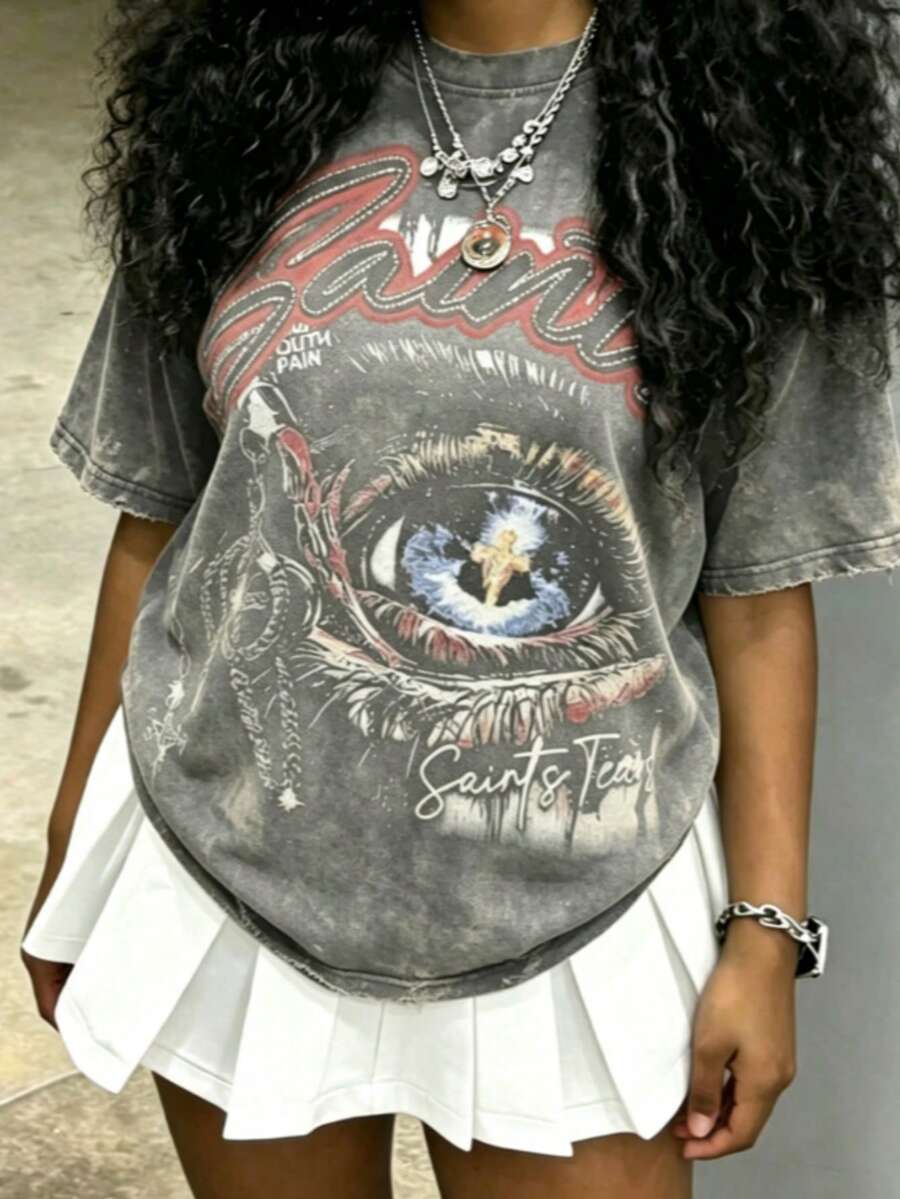 Cotton Clothes Y2K-Inspired Letter Print T-Shirt,Casual Crew Neck Short Sleeve, Perfect For Spring Summer Fall, Fashion Streetwear Unisex, Graphic Tee - 灰色1 - 查看 1