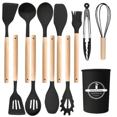 Juego de 12 piezas de utensilios de cocina de silicona, espátula resistente al calor, cucharón para sopa, herramientas de cocina antiadherentes para el hogar