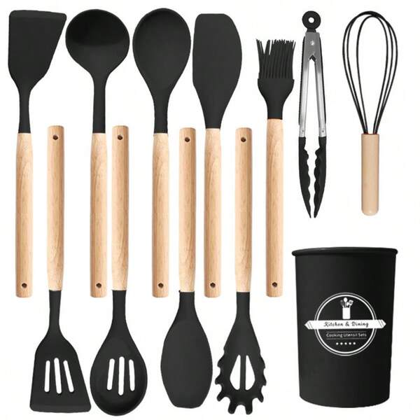 12Pcs Silicone Kitchen Utensils Set, Heat Resistant Spatula Soup Ladle, Non-Stick Cookware Tools Home