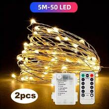 10m/20m 100/200 LED 灯串，暖白色，带 8 功能遥控器，防水闪烁 LED 灯，适用于卧室、宿舍、后院、婚礼、树木、墙壁、装饰 - 金色 - 查看 18