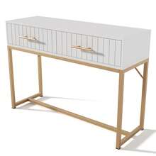 Dressing Table 100 X 45 X 76.5 Cm With 2 Drawers, White Vanity Table With Gold Handles And Ribbed Design, Bedroom Storage Cabinet Sideboard - White - View 1