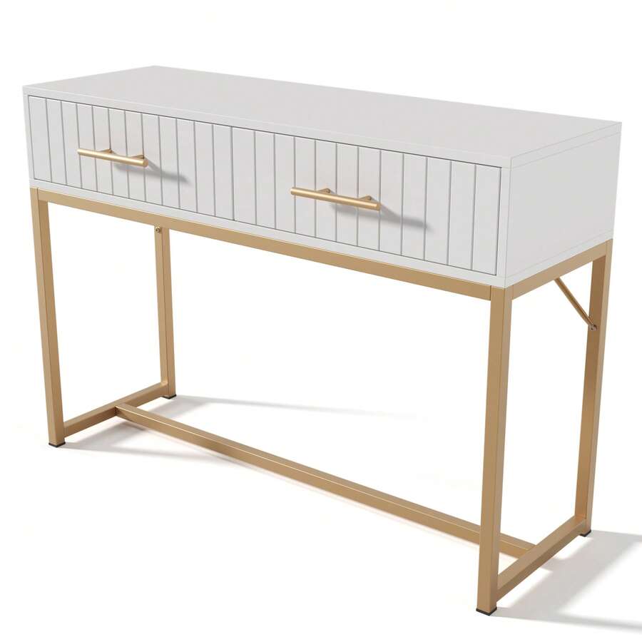 Dressing Table 100 X 45 X 76.5 Cm With 2 Drawers, White Vanity Table With Gold Handles And Ribbed Design, Bedroom Storage Cabinet Sideboard - White - View 1
