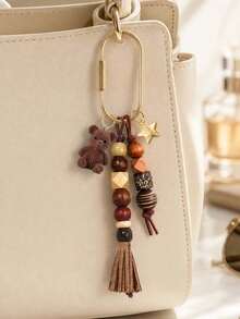 Bohemian Beaded Bag Charm, Vintage Beaded Keychain, Cute Bear & Star Pendant, Tassel Bag Charm, Brown Tone Bag Accessory, Neutral Style Wallet Charm, Handbag Accessory, Suitable For Keys, Wallets, Handbags, Fashionista Essential, Gift For Women, Lovers, Family, Friends, Unique Birthday Gift, Holiday Gift, Party Gift, Travel Gift - Multicolor - View 6