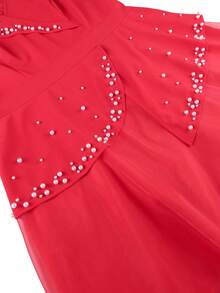 Plus Size Red A Line Tulle Dress V Neck Short Sleeves Irregular Peplum Pearl Trim Mesh Overlay Elegant Summer Wedding Guest Christmas Party Dress - Red - View 8