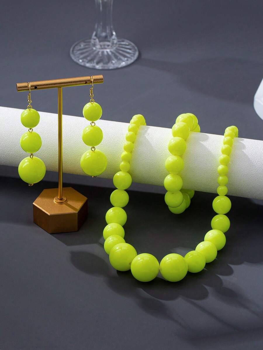 4pcs Bohemian Style Acrylic Beaded Necklace, Bracelet, Earrings Set Suitable For Beach, Vacation, Party, Banquet, Daily Wear - Neon Green - View 1
