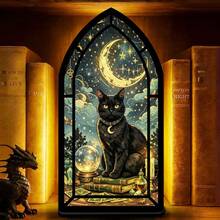 1pc Gothic Painted Bookend With Gemstone Tones And Black Cat Moon Crystal Ball - Suitable For Tarot Cards, Library Bookshelf Decoration, Fantasy Book Corner Sign, Applicable For Office, Library, Decorative Purposes, 2D Flat Design - A - View 2