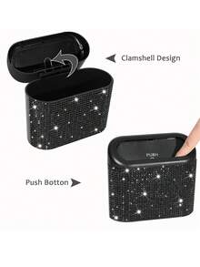 3pcs/2pcs/1pc Set A With Lid Rhinestone Car Trash Can, Leak-Proof Press-Type Trash Can & Car Door Clip, Leak-Proof Car Trash Can With 30 Included Trash Bags, Glossy Car Interior Storage Decorative Accessory - Style a - View 4